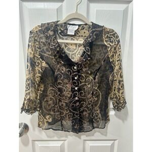 Tess 100% Silk Sheer Blouse Sz 8 Ruffle Neck 3/4 Sleeve Black/Tan